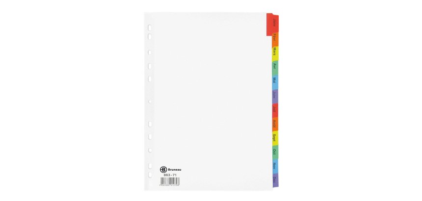 Intercalaire A4 carte bristol blanche Bruneau 12 onglets mensuels multicolores - 1 jeu