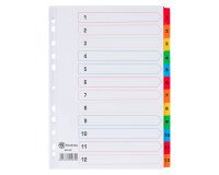 Intercalaire A4 carte bristol blanche Bruneau 12 onglets numériques multicolores - 1 jeu