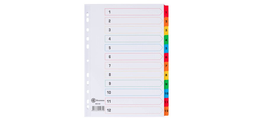 Intercalaire A4 carte bristol blanche Bruneau 12 onglets numériques multicolores - 1 jeu