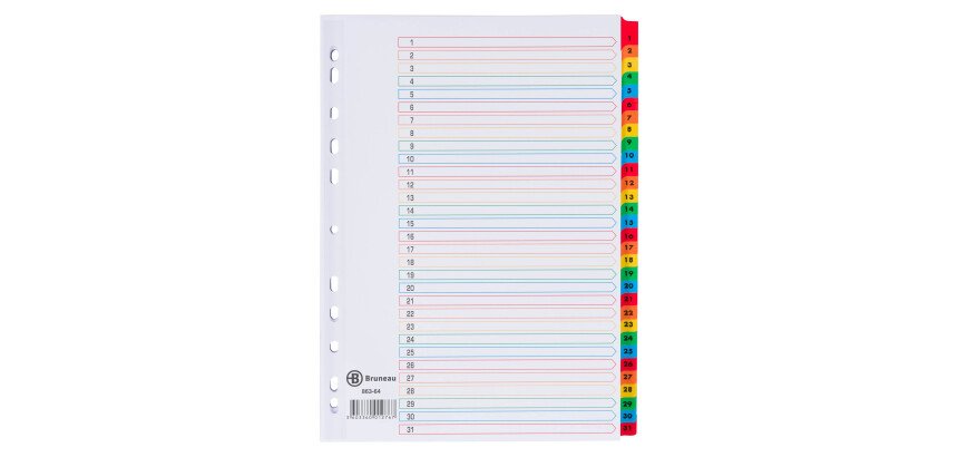 Separadores numéricos cartulina Bristol Blanca A4 Bruneau 31 pestañas multicolor