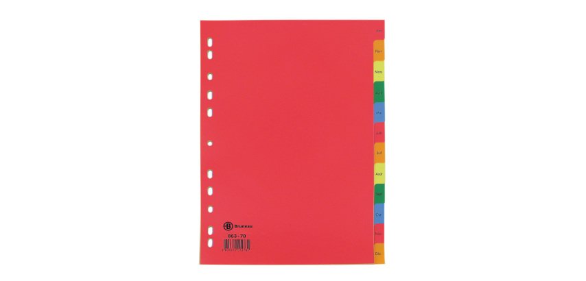 Intercalaire A4 polypropylène coloré Bruneau 12 onglets mensuels multicolores - 1 jeu