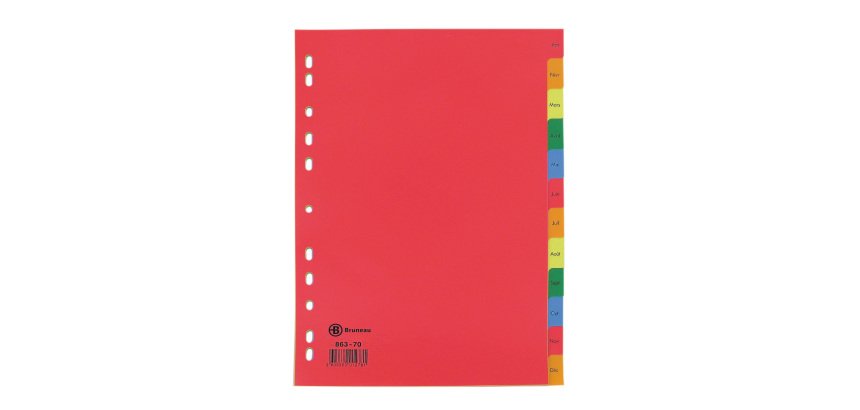 Intercalaire A4 polypropylène coloré Bruneau 12 onglets mensuels multicolores - 1 jeu