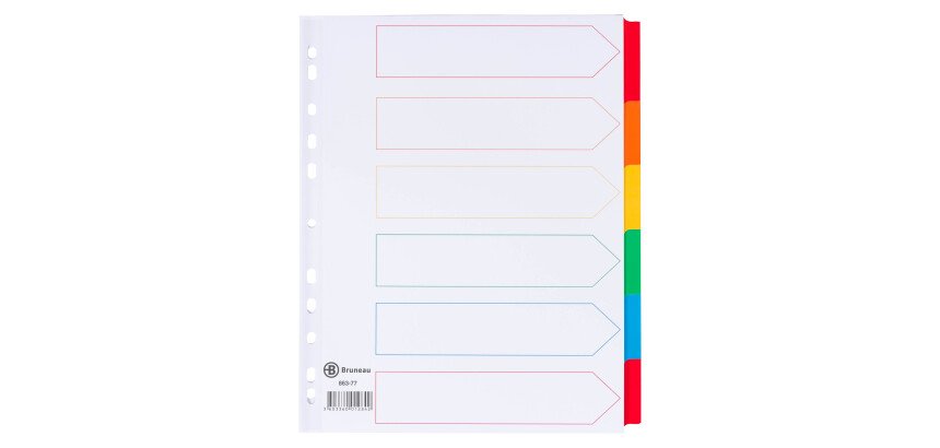 Intercalaire A4+ carte bristol blanche Bruneau 6 onglets neutres multicolores - 1 jeu