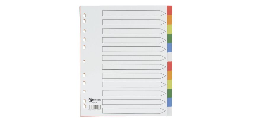 Intercalaire A4+ polypropylène coloré Bruneau 12 onglets neutres multicolores - 1 jeu