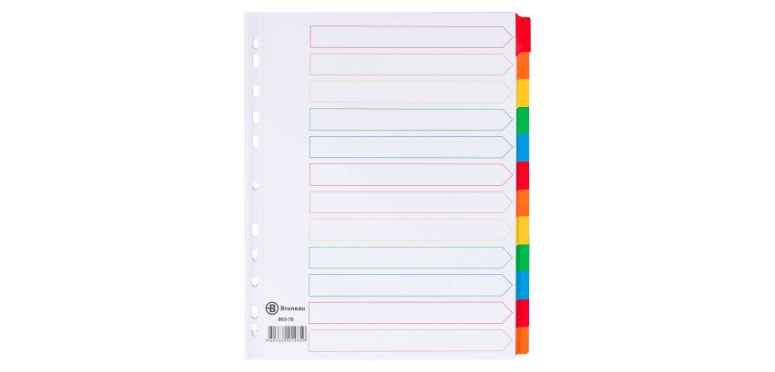 Intercalaire A4+ carte bristol blanche Bruneau 12 onglets neutres multicolores - 1 jeu