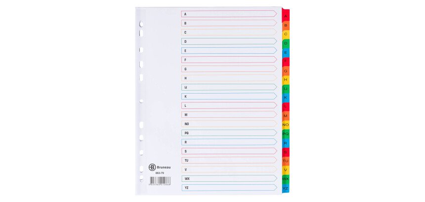 Intercalaire A4+ carte bristol blanche Bruneau 20 onglets alphabétiques multicolores - 1 jeu