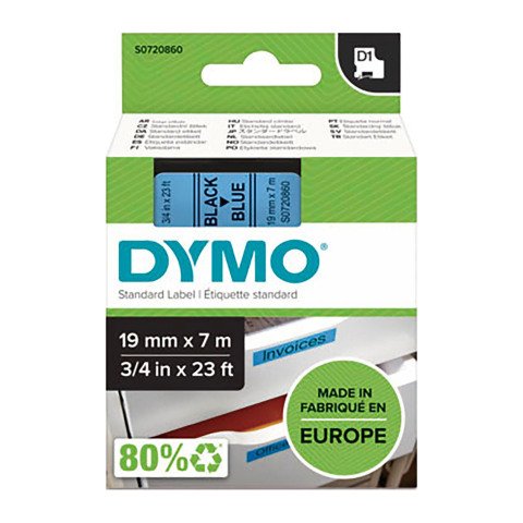 Cinta D1 Ancho 19 mm x 7 m. escritura negra, fondo azul. Ref. Dymo 45806