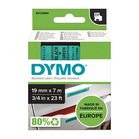 Cinta D1 Ancho 19 mm x 7 m. escritura negra, fondo verde. Ref. Dymo 45809