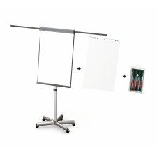 Pack mobile flipchart with 3 legs + standard paper blocks + 4 Prockey Uni-Ball markers