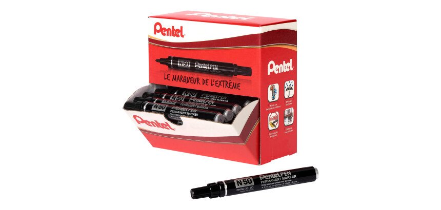 Pack de 30 marqueurs permanents indélébiles Pentel N50 pointe ogive 4,3 mm noirs + 6 offerts