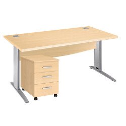 Pack bureau pied métal L160 + caisson mobile 3 tiroirs Excellens hêtre/alu