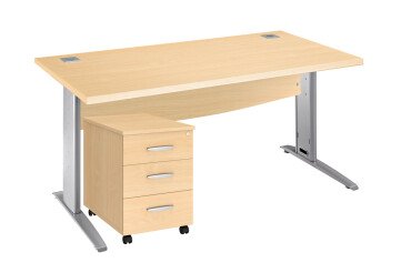 Pack bureau pied métal L160 + caisson mobile 3 tiroirs Excellens hêtre/alu