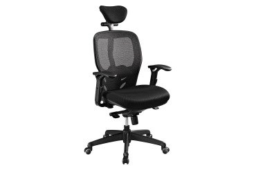 Chaise de bureau ergonomique Mikado tissu et maille noir - dossier haut accoudoirs appui-tête soutien lombaire - mécanisme Synchrone - pieds noir