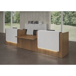 Banque d'accueil droite noyer/blanc L 426 cm avec module bas au centre - Guest