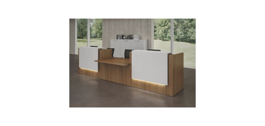 Banque d'accueil droite noyer/blanc L 426 cm avec module bas au centre - Guest