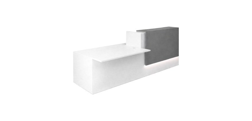 Banque d'accueil droite Jana L 286 cm avec module PMR à gauche structure pied blanc / plateau blanc / top anthracite laqué
