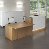 Banque d'accueil droite noyer/blanc L 286 cm avec module bas à droite - Guest
