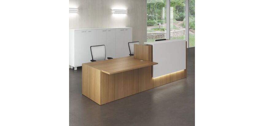 Banque d'accueil droite noyer/blanc L 286 cm avec module bas à droite - Guest