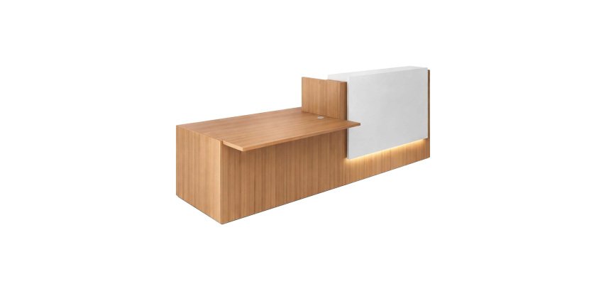 Empfangstheke rechts Jana L 286 cm mit PMR-Modul links Strukturfuß Nussbaum / Platte Nussbaum / Top Weiß