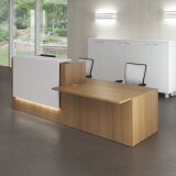 Banque d'accueil droite noyer/blanc L 286 cm avec module bas à gauche - Guest