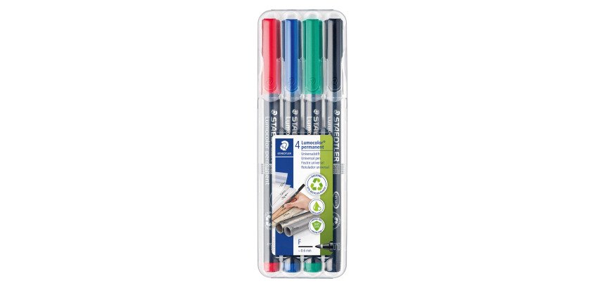 Stylo feutre Staedtler Lumocolor 318 F permanent écriture fine - Étui de 4 couleurs classiques