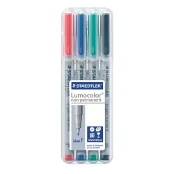 Etui 4 viltstiften Lumocolor Staedtler niet-permanente inkt geassorteerde kleuren fijne punt.