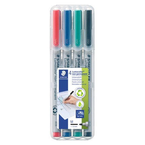 Set 4 felt markers Lumocolor Staedtler non-permanent ink assorted colours medium tip