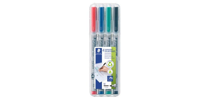 Stylo feutre Staedtler Lumocolor 315 M effaçable écriture moyenne - Étui de 4 couleurs classiques