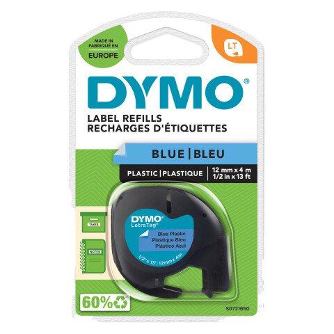 Cinta para Letratag plástico escritura negra, fondo azul Ref. Dymo 91205