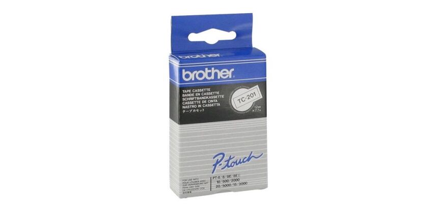 Ruban laminé Brother 12 mm TC 201 blanc écriture noire