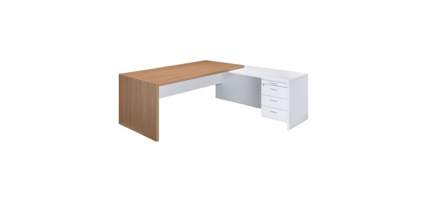 Bureau avec retour à droite sur caisson L 180 x P 90 cm, piétement plein bois - Greko