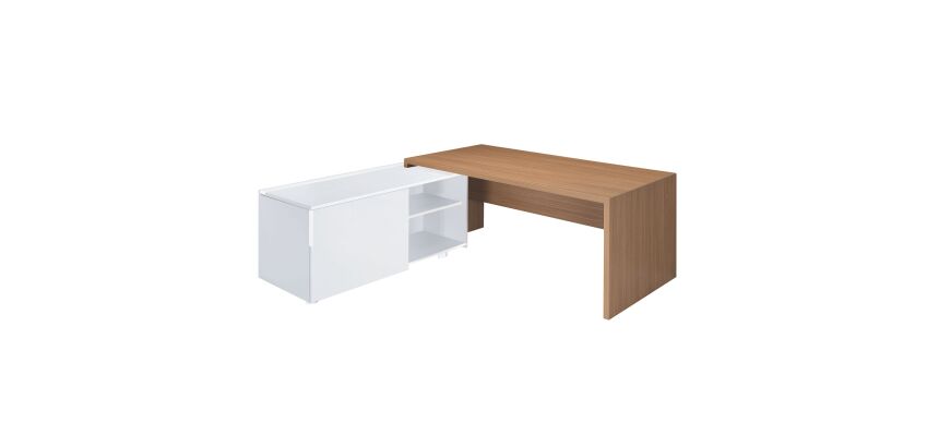 Bureau avec retour à gauche sur desserte L 180 x P 90 cm, piétement plein bois - Greko