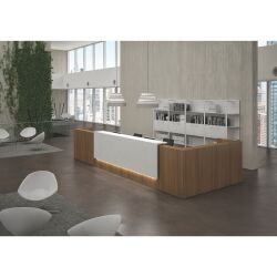 Banque d'accueil d'angle noyer/blanc L 366 cm retour à gauche - Guest