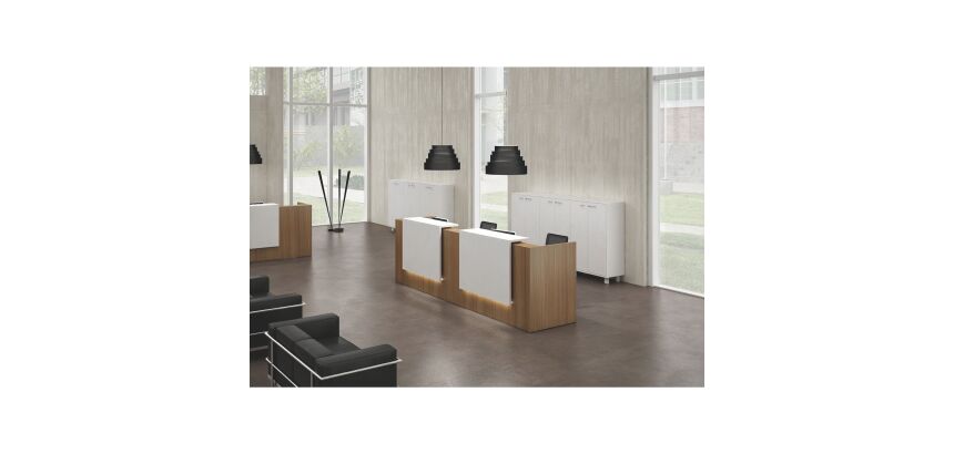 Banque d'accueil droite noyer/blanc L 366 cm haute - Guest