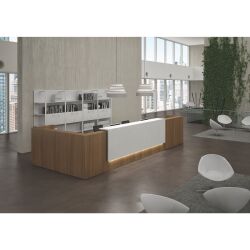 Banque d'accueil d'angle noyer/blanc L 366 cm retour à droite - Guest