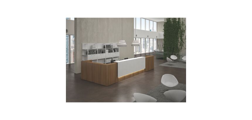 Banque d'accueil d'angle noyer/blanc L 366 cm retour à droite - Guest