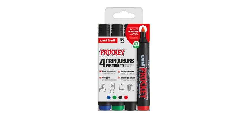 Marqueur Uni Ball Prockey couleurs assorties pointe ogive 1,8 mm - Pochette de 4