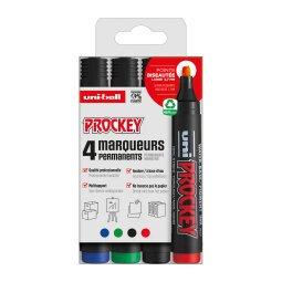 Permanent marker Uni Ball Prockey chisel tip 2 to 6 mm - Pack of 4 assorted colours