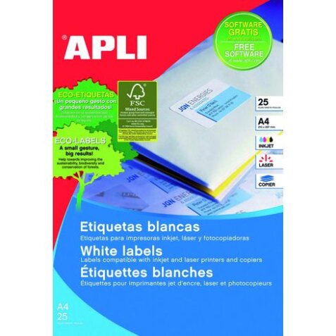 Etiquetas para impresora 210 x 297 mm Apli 1215 -Blíster 25 hojas A4