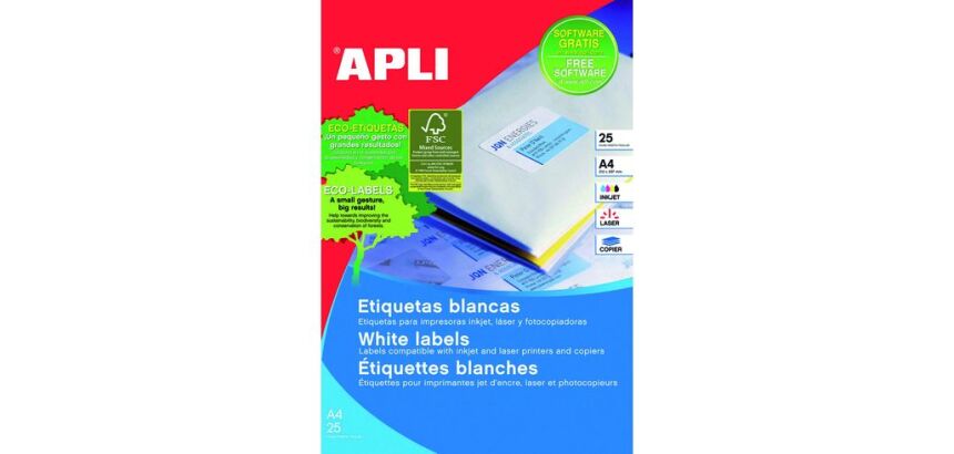 Etiquetas para impresora 210 x 297 mm Apli 1215 -Blíster 25 hojas A4