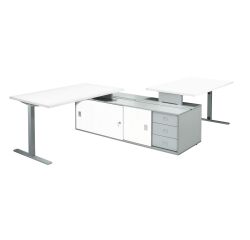 Set van 2 bureaus Optyma met zijkant op centrale bijzetkast en geïntegreerd ladenblok