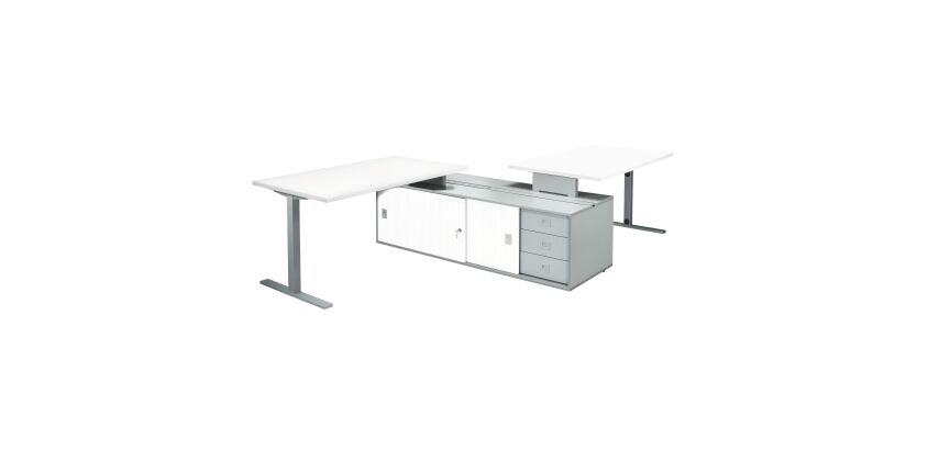 Set of 2 desks Optyma with side on central auxiliary cupboard and integrated drawer cabinet