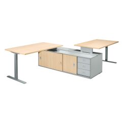 Set van 2 bureaus Optyma met zijkant op centrale bijzetkast en geïntegreerd ladenblok