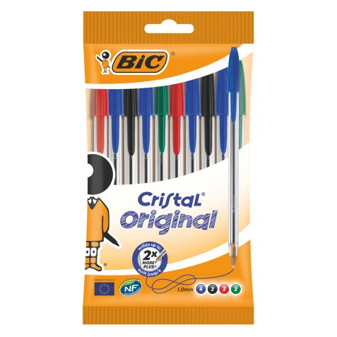 Stylo bille Bic Cristal Original écriture fine - Pochette de 10 couleurs classiques