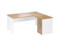 Eckbüro L 160 cm mit hängender Rückkehr an einem positionierbaren rechten/linken Eichenholz-Light-Intuitiv-Schrank.