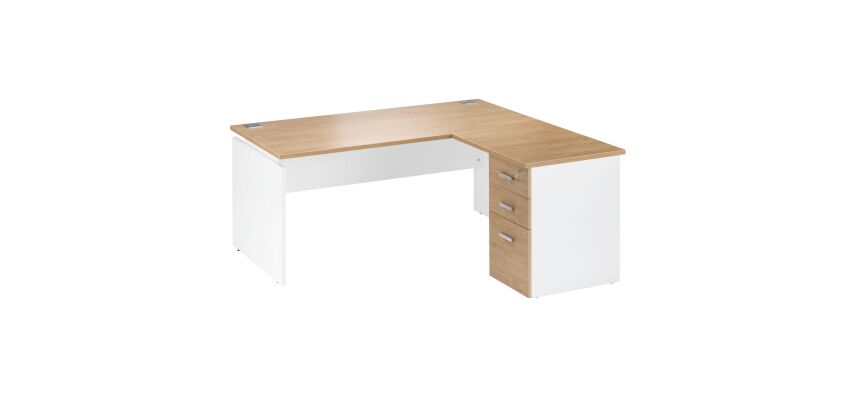 Hoekbureau L 160 cm met zwevend zijpaneel op ladeblok dat naar rechts/links kan worden geplaatst, eikenhouten afwerking Intuitiv'.