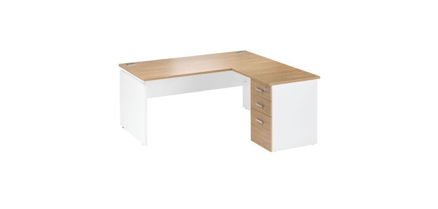 Bureau d'angle L 160 x P 160 cm avec retour suspendu sur caisson positionnable droite/gauche chêne clair Intuitiv'