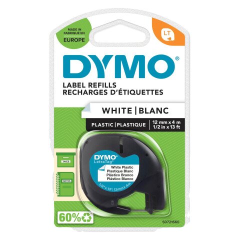 Cinta para Letratag plástico escritura negra, fondo blanco Ref. Dymo 91201