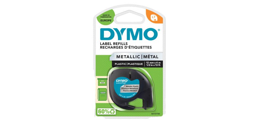 Cinta Para Letratag Dymo 91208. Metalizado. Escritura Negro/Fondo Plata.