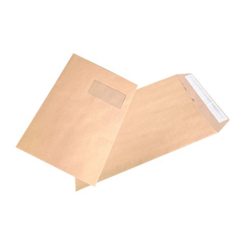 Fundas administrativas kraft marrón 229x324 mm gama Budget con ventana 50x100 mm banda protectora - Caja de 250